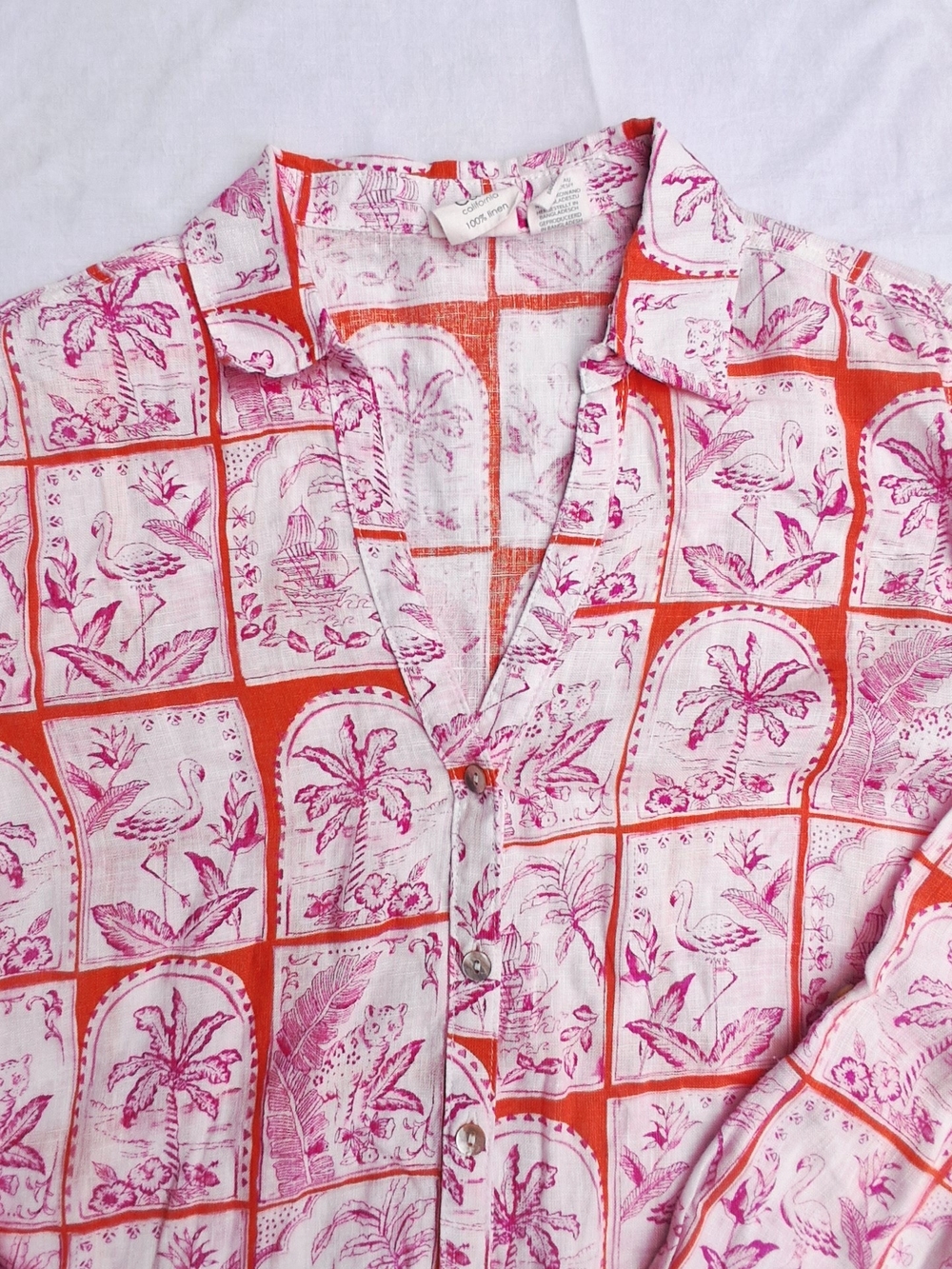 C&C California Linen Button-Up Shirt Pink & Orange Print - Picture 3 of 6